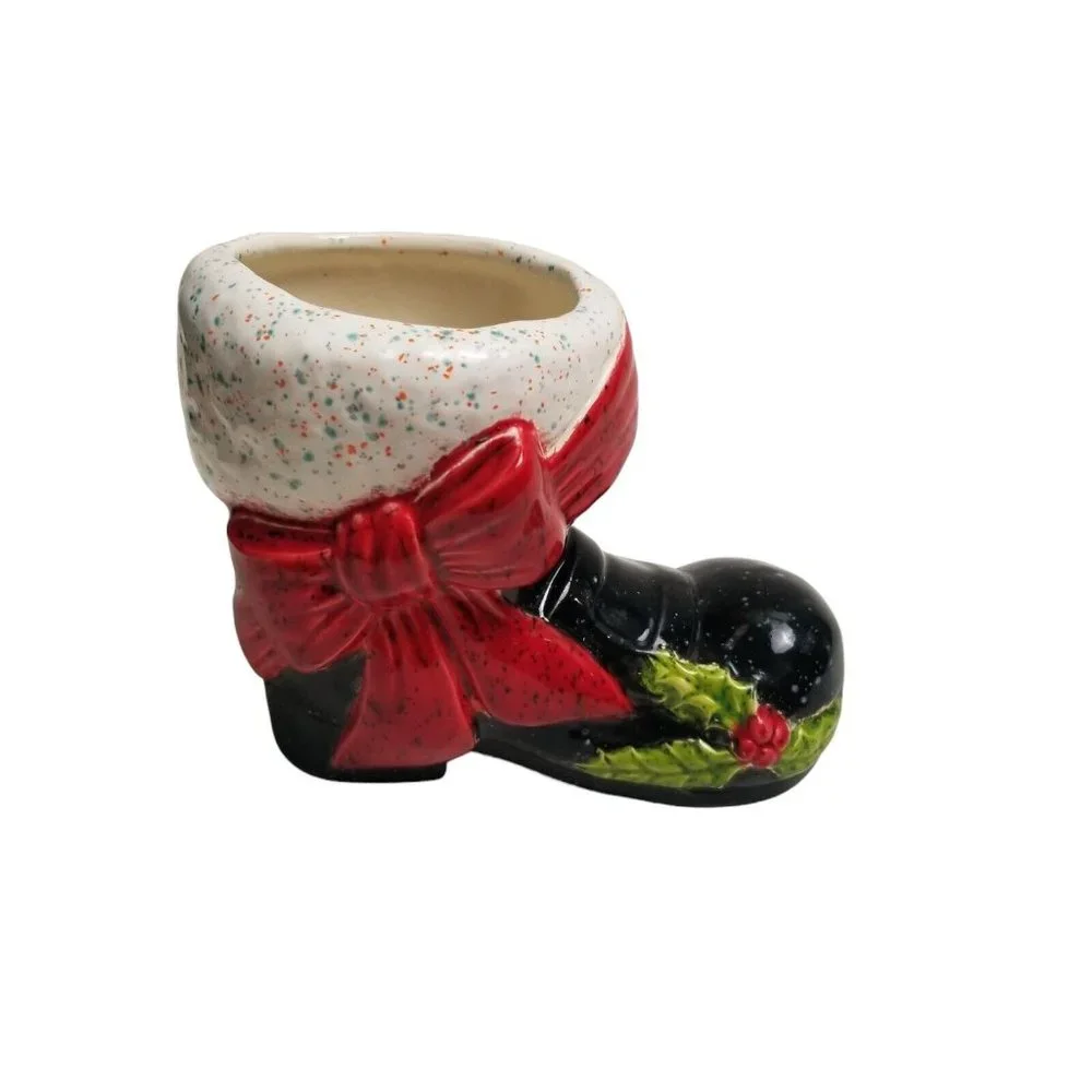 Ceramic Santa Claus Boot Black Christmas Vintage Holly Vase Planter Holiday Bow - Picture 2 of 14